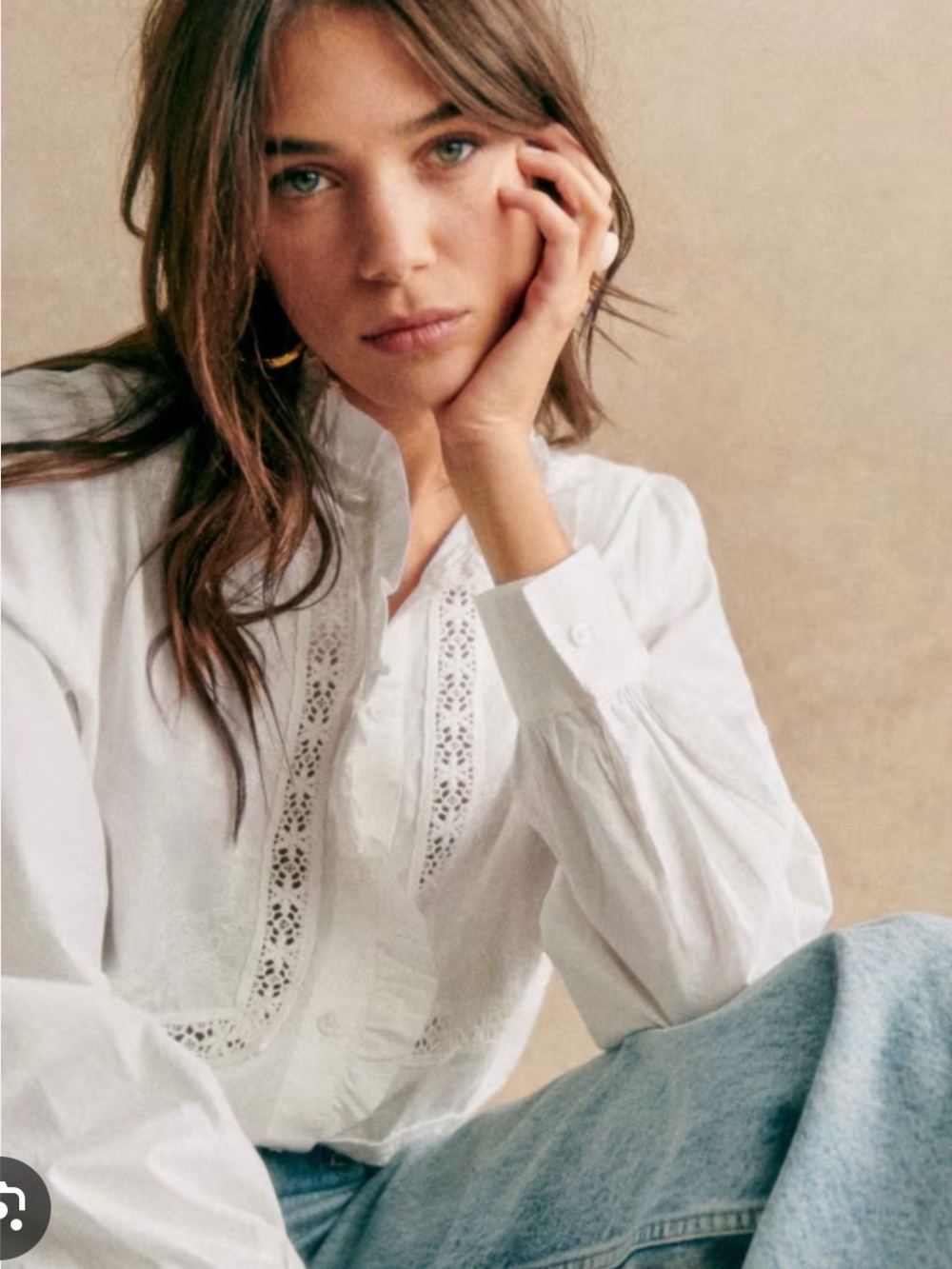 Sezane Ulysse White Victorian Ruffle Lace Button-Up Blouse